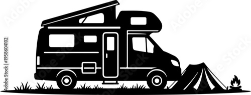 Camper van, motorhome, RV, camping vehicle, silhouette, black and white