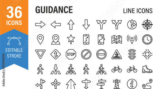 Thirty six guidance line icon set featuring road signs navigation maps GPS locations and traffic control symbols