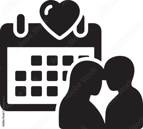 Vector art of black silhouette of a couple kissing in front of a heart calendar