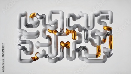3D render of a complex maze with a golden path illustrating the concept of finding a solution strategy and navigating through challenges to reach a goal or success,detail