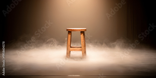 Solitary wooden stool on a smoky stage with spotlight