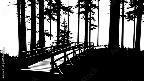 Black silhouette forest landscape, wooden bridge, trees, pathway, monochrome illustration