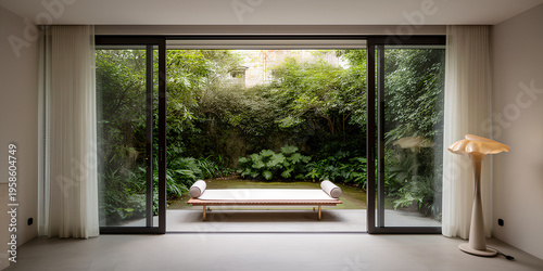 Modern room with sliding doors opening to lush green courtyard