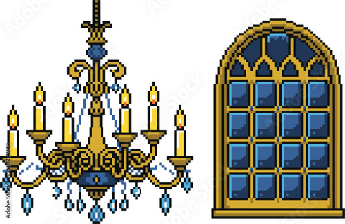 Vintage Medieval Castle Furniture Set Featuring Candelabra Light Fixture and Blue Tinted Vaulted Glass Window.