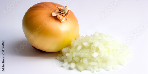 Whole yellow onion with a pile of freshly diced white onion