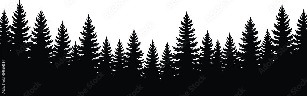 Obraz premium Coniferous forest silhouette with varied tree heights, natural skyline, artistic black and white minimalist landscape, tranquil wilderness design