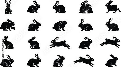 Wild rabbit silhouettes in various poses, such as sitting, running, and leaping, set against a white background. 