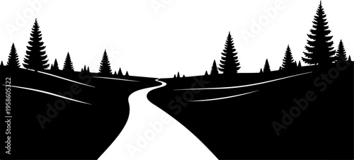 Black forest landscape silhouette, road through trees, scenic vector, monochrome illustration