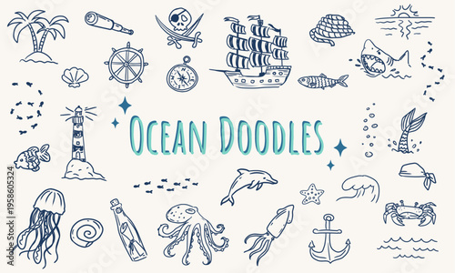 Ocean doodles vector set, hand drawn sea life cliparts, pirate ship, lighthouse and marine animals sketches, underwater world svg collection.