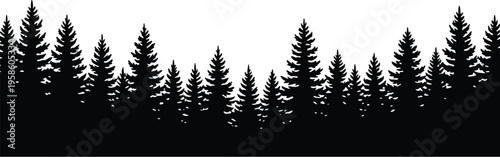 Coniferous forest silhouette with varied tree heights, natural skyline, artistic black and white minimalist landscape, tranquil wilderness design