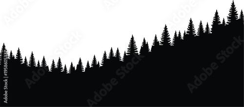 Black and white forest hillside silhouette with dense coniferous trees, ascending slope, natural skyline, artistic high‑contrast minimalist landscape design