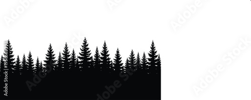 Silhouette of dense coniferous forest with jagged skyline, black pine and fir trees, minimalist high‑contrast nature illustration, artistic woodland design