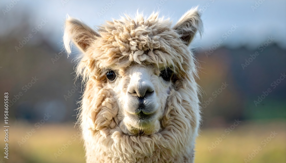 Obraz premium Close-up portrait of a fluffy alpaca standing in a grassy field under soft daylight