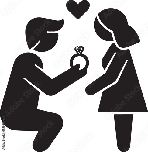 Vector art of man proposing to woman with ring and heart above them