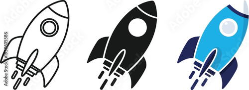 Rocket icons in solid black, and solid blue for  startups, business growth, or innovation. 