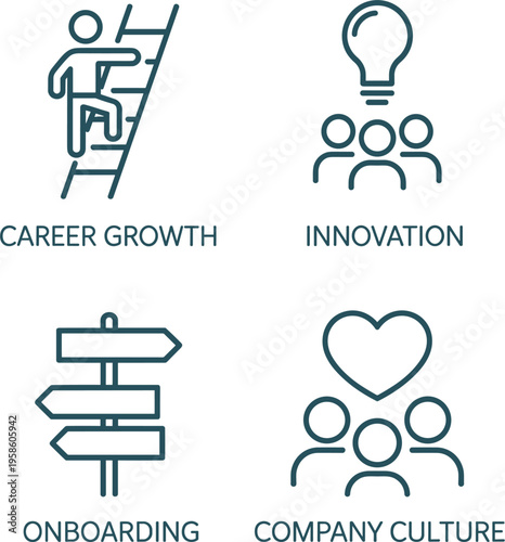 Professional Development and Organizational Values Icon Set for Corporate Culture and Employee Lifecycle Management Resources.