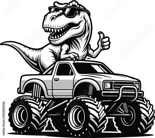T rex dinosaur driving monster truck, black and white cartoon vector illustration of cool prehistoric creature with sunglasses and oversized off road vehicle