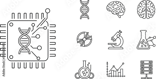 Biotechnology icons set for genetic engineering laboratory research and digital science data vector