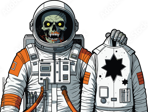Zombie astronaut in space suit holding helmet, horror sci fi vector illustration of undead skull character with creepy expression and cosmic theme