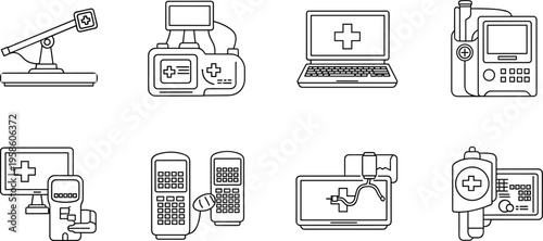 Medical device icons line art set for telemedicine and ehealth apps