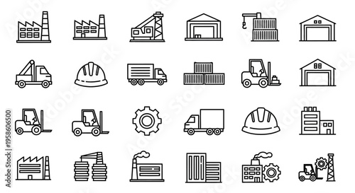Collection of Industrial and Commercial Building Icons for Business and Construction Projects