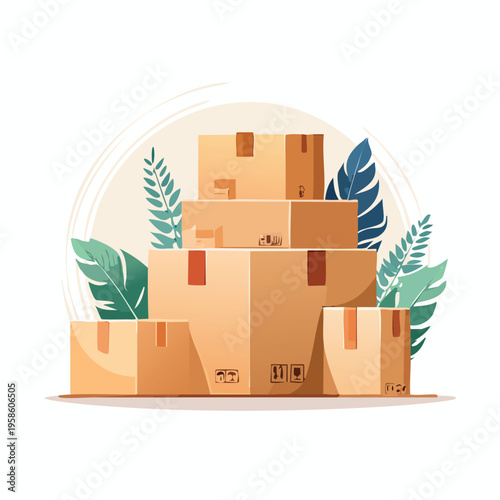 Stacked cardboard boxes and greenery illustration for packaging and delivery