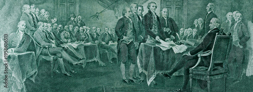 High resolution panoramic fragment of the back side of the two-dollar bill with The process of signing the US Declaration of Independence July 4, 1776