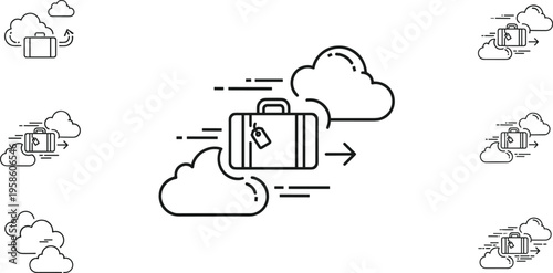 Suitcase icon with clouds and motion lines for travel app and booking ui