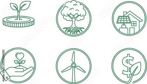 Sustainable energy icons for green environment protection renewable energy resources and ethical finance business