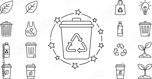 Waste management icons set for recycling plastic reduction eco friendly lifestyle and environment conservation vector