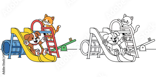 Cute Cat and Dog Playing on a Slide - Fun Cartoon Illustration