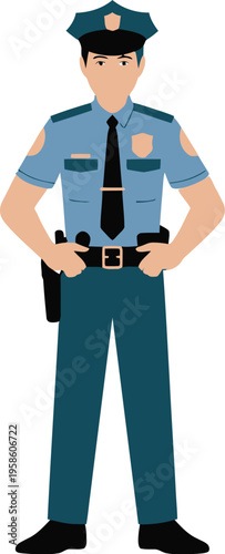 Policeman in full uniform stands confidently with hands resting firmly upon.