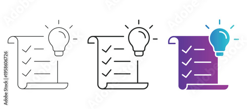 Lightbulb check mark idea icon set line and gradient approval, innovation, success, verification, quality. Modern flat illustration with editable stroke
