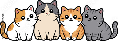 Cute cartoon cat set featuring four different colors of playful kittens for kids illustrations