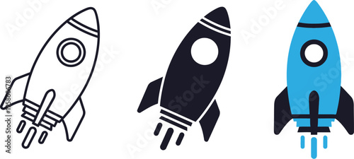 Rocket icons in solid black, and solid blue for  startups, business growth, or innovation. 