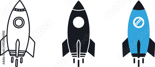 Rocket icons in solid black, and solid blue for  startups, business growth, or innovation. 