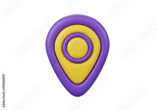 A 3D purple and yellow map pin icon on transparent background, used for location and navigation purposes in digital applications