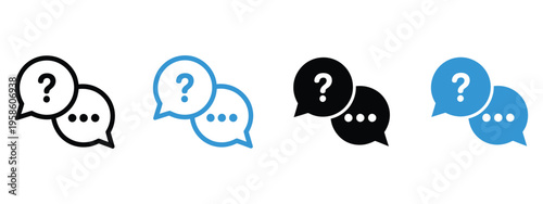 FAQ icon set, paired speech bubbles with question mark and ellipsis sign
