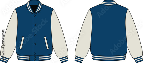 Stylish varsity jacket front and back view vector illustration with blue and beige color scheme