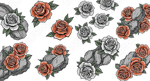 Rose and Rock Seamless Pattern with Vintage Roses and Stone Elements Floral Botanical Vector Illustration Background Collection