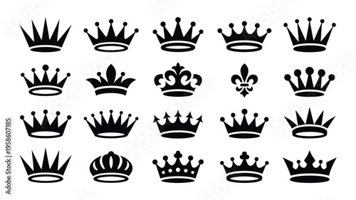 Crown king mega icon set, royal crown symbol collection in vector style, elegant monarchy and luxury design elements, isolated on white background for logos, badges, awards, and premium branding graph
