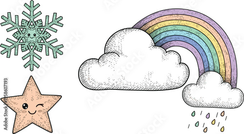 Hand Sketched Weather Vector Set Featuring Kawaii Rainbow Clouds Smiling Snowflake and Winking Star with Vintage Etched Texture for Kids Nursery and Stationery Graphic Designs