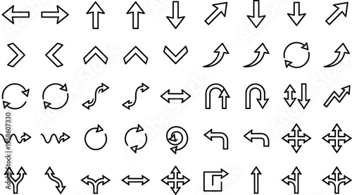 Modern black outline arrow icon set featuring diverse navigation symbols and directional pointers for user interface web design