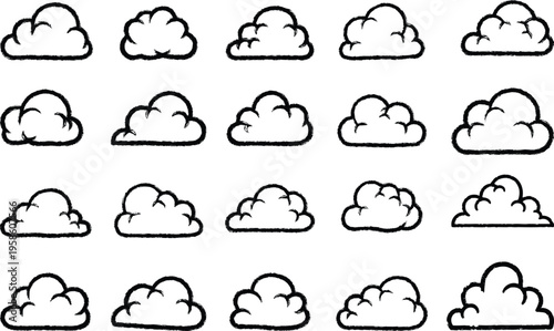 Hand drawn kid crayons cloud set, cute simple shape outlines, cartoon doodle sketch elements for childish nursery design