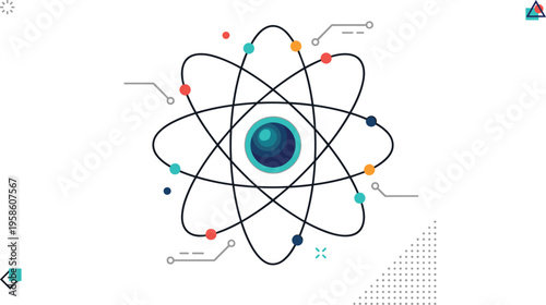 Modern stylized atom model vector illustration with colorful electrons and orbital paths for science technology education and physics research concept