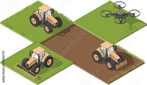 Isometric agriculture illustration, tractor plowing field, spraying drone, and crop maintenance equipment on green farmland, modern precision farming and land management vector concept