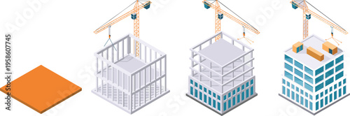 Isometric building construction process illustration, foundation, structural frame, crane lifting materials, and completed commercial building in flat vector design