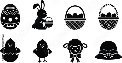 Easter icons such as decorated eggs and springtime animals. Bunny, chick hatching, basket of eggs, lamb, and  decorated hat.