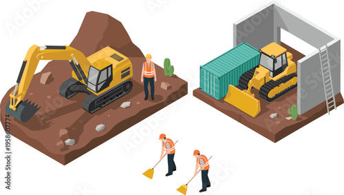 Isometric construction scene illustration, excavator digging terrain, bulldozer leveling soil, workers sweeping site, and heavy equipment operations vector concept