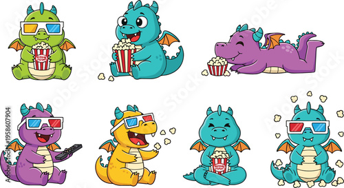 Cute dragon characters watching movies with popcorn and 3D glasses, funny cartoon fantasy creatures in flat vector illustration set